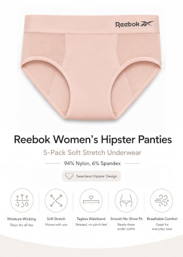 Image of Reebok Womens Hipster Panties 5 Pack Soft Stretch Underwear for Women | Moisture wicking hipster briefs with a tagless relaxed waistband Soft stretch fabric with a smooth, barely-there fit all day.