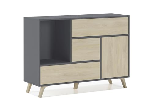 Skraut Home | Aparador para Salón o Comedor | 86 x 120 x 40 cm | Buffet con 1 Puerta + 3 Cajones | Modelo Wind | Madera Resistente | Acabado Gris/Roble