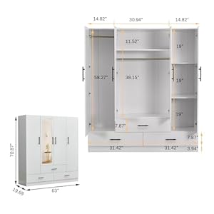 Wooden wardrobe closet armoire white closet organizers and high storage capacity 4 door 3 drawers shelves mirror hanging rod for bedroom  urban country home decor