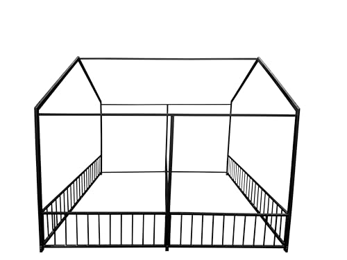 Double-Montessori-Floor-Bed-with-Fence-Roof-for-Two-Kids-Teens-Boys-GirlsTwin-Floor-BedEasy-AssembleNo-Box-Spring-Needed-Black Double Montessori Floor Bed with Fence Roof for Two Kids Teens Boys GirlsTwin Floor BedEasy AssembleNo Box Spring Needed Black
