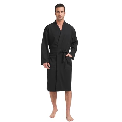 FashGudim Mens Lightweight Waffle Knit Robe Soft Kimono Spa Bathrobes Knee Length Summer Robes