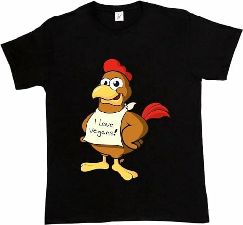 Happy Chicken Wearing I Love Vegans Sign - Camiseta para hombre, Negro, L