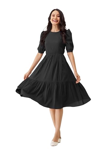 TRENDMALLS Dress for Women Cotton Blend Round Neck Half Puff Sleeve Flared Pleated Midi Western Dress