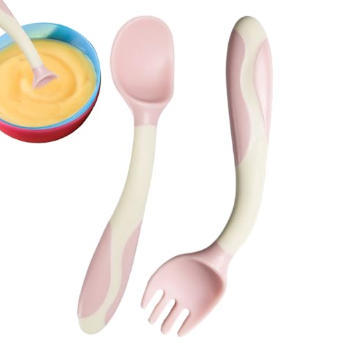 Fyrdyn Juego De Cubiertos Para Bebé,Cuchara Y Tenedor De Alimentación Silicona - Juego Aprendizaje Primeros Alimentos Con Agarre Ergonómico Para Niños Niñas Destete Guardería
