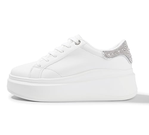 LUCKY STEP Women's Platform Fashion Sneakers Faux Leather Classic Tennis Shoes Low Top Casual Walking Shoes(White/Silver Rhinestone,8 US)