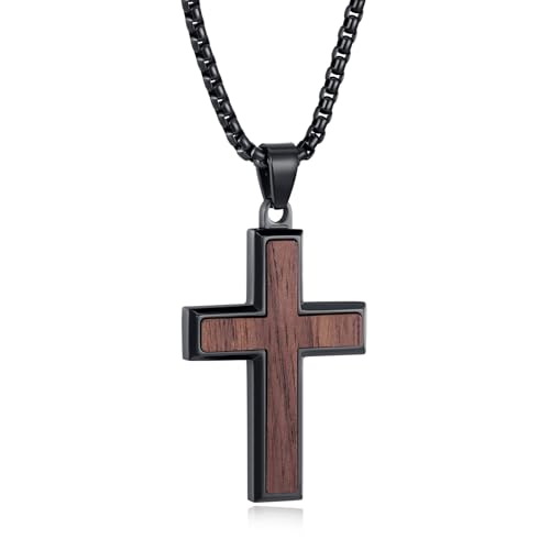 REVEMCN Kreuz Kette Herren aus Schwarzem Walnussholz & Edelstah Holzkreuz Anhänger mit Verstellbarer Halskette 4661cm Christlicher Schmuck Geschenk für Sohn (Walnussholz - A 51cm+5cm (20+2))