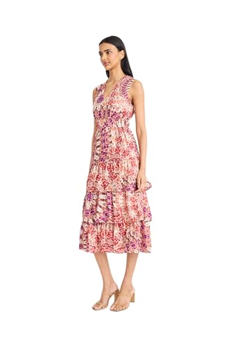 Image of Women's Sleeveless V-Neck Tiered Midi Dress - Multi-Layer Ruffled Skirt with Fitted Bodice
