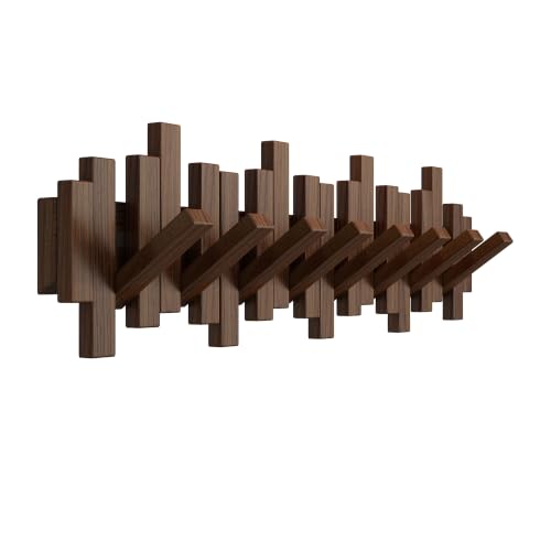 EcobooLife Wooden Piano Coat Rack Wall Mounted, Coat Hooks Hanger Wall Mount with 8 Hooks, Flip-Down Natural Coat Rack for Hanging Keys/Bags, Space Saving Home Hangers, Walnut - image 1