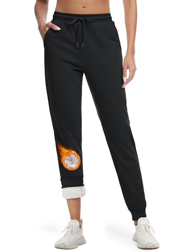 MAGCOMSEN Sherpa Lined Sweatpants Women Winter Thermal Fleece Joggers Warm Cotton Athletic Pants with Pockets Black S