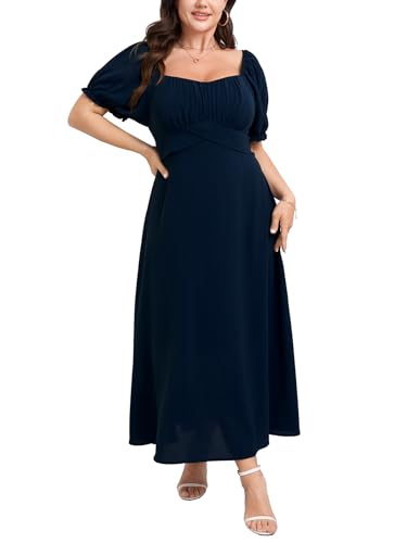 SCOMCHIC Women's Plus Size Wedding Guest Dress Semi Formal Short Sleeve Square Neck A-line Long Cocktail Maxi Dresses
