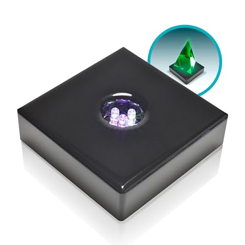 Image of 5 LED White Light Base for Glass Art - Square Black Satin Matte Wood Light Stand Base for Art Glass, Room Decor, Gemstones and Crystals - AC /USB Powered