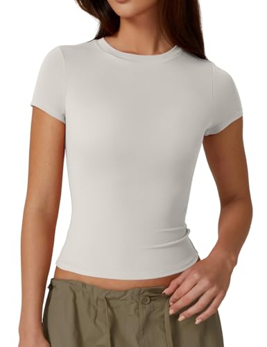 QINSEN Women's Crew Neck Short Sleeve Double-Layer Tops Basic Slim Fit Going Out T Shirt