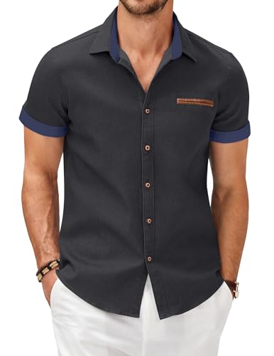 COOFANDY Herren Hemd Kurzarm Jeanshemd Sommer Hemden Denimhemd Slim Fit T Shirt Cowboy-Style Herrenhemden Sommerhemd Freizeithemden für Herren Dunkelgrau B XL