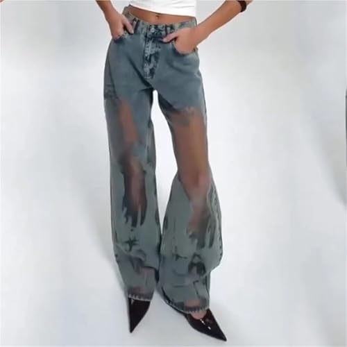 2025 Women's mesh Patchwork Printed Jeans Spicy Slim Casual Straight-Leg Pants Hip-hop3