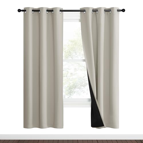 Image of NICETOWN Natural Blackout Curtains 70 inches Long, 2 Pieces, 37 inch Wide Each Panel, Full Light Blocking Drapes with Black Liner for Nursery, Noise Reducing Thermal Insulated Draperies for Doorway