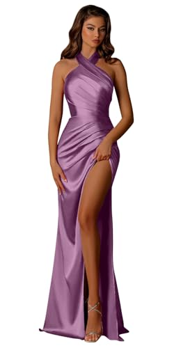 Image of OFEECHUN Halter Satin Bridesmaid Dresses for Women Mermaid Prom Dress Long Evening Formal Gowns