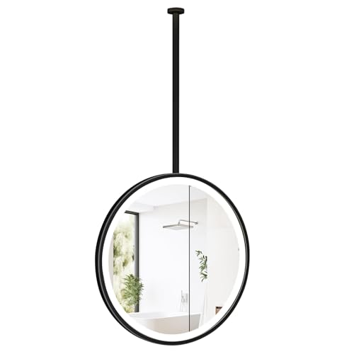 Espejo de baño colgante de techo con luz LED, espejo de tocador flotante ajustable en 3 colores para baño/entrada/tienda/hotel, grandes espejos de marco de metal negro(Diameter-70CM/27.6INCH)