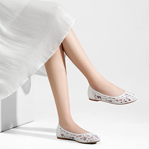 Greatonu Women's Flats Cut Out Round Toe Slip On Floral Ballet Flat Comfortable Lace Flats Dressy4