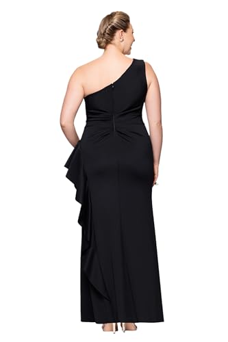 Image of Xscape Women's Floor Length One Shoulder Ruched Waist with Ruffle Bodice Evening Dress with Side Slit