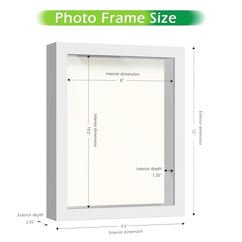 FrameWorks 8.5” x 11” White Wooden Shadow Box Frame – Display Case with Soft Felt Back, Memory Box with Tempered Glass, Display Box with Elegant White Ball Push Pins, Wooden Flower Box