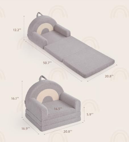 Image of Blissful Diary Foldable Kids Couch, 2-in-1 Kids Sofa Chair, Gray Rainbow | Kids Fold-Out Couch, Reading&Play, Sturdy Support, Washable Cover, Carry Handle, Pre-Assembled, Gift Ready, CPSIA Certified