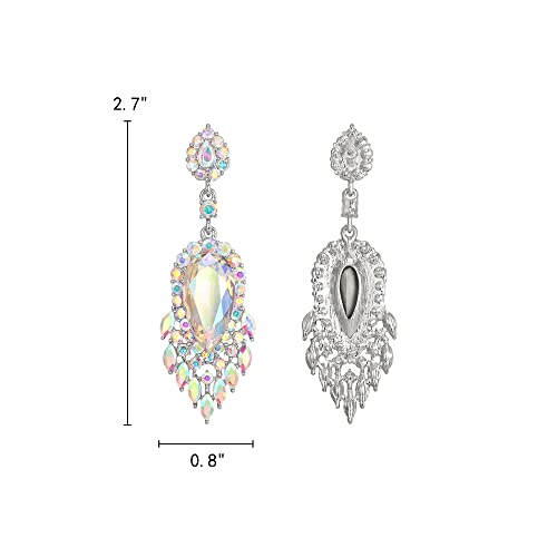 Elequeen Rhinestone Crystal Chandelier Earrings, Iridescent Ab Clear Silver-Tone Art Deco Marquise Teardrop Dangle Earrings Ladies Gifts #TOP4
