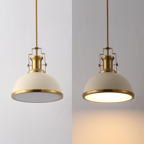 Image of JONATHAN Y Homer Industrial Dome Pendant 13 inch, Almond /Brass Gold | 1-Light, Farmhouse Style, Adjustable Hanging Height, Glass Diffuser, Sloped Ceiling Compatible, Metal, LED Bulb Included