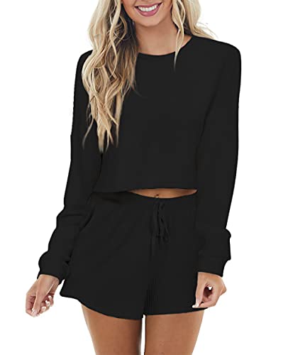 JINKESI Women's Waffle Knit Pajama Set Long Sleeve Top and Shorts Lounge Sleepwear with Pockets Black-Large