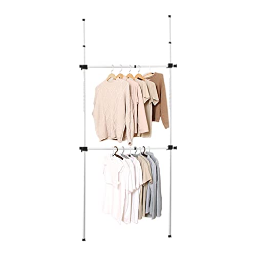 BAOYOUNI Adjustable Clothes Racks for Hanging Clothing Metal Garment Stand Coat Hanger Floor to Ceiling Laundry Drying Rack Organizer Tension Rod Closet Storage Shelf Telescopic Rails - White