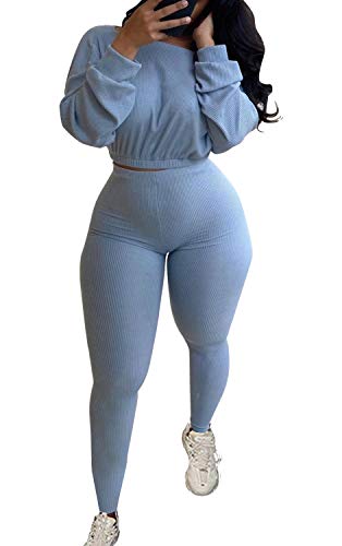 Annystore Women Ribbed 2 Piece Outfits Long Sleeve Fall Pullover Crop Tops Long Pants Set Bodycon Sweatsuits Tracksuit Blue Grey M #TOP6