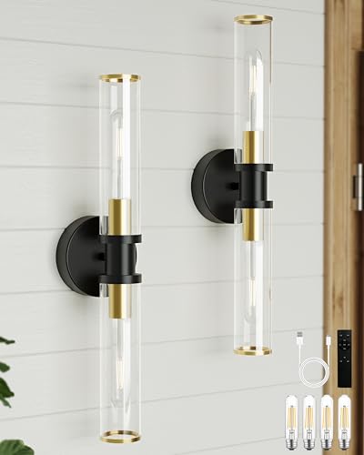 Image of Rayogale Black & Gold Wireless Battery Operated Wall Sconces with Remote | Glass Rechargeable Wall Lights Set of 2 with Timer Function Dimmable for Living Room Bedroom Emergency 3000K, 20.5 Inch