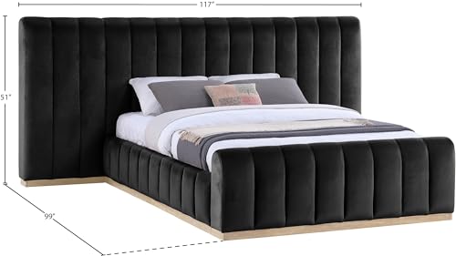 Image of Meridian Furniture AmaraBlack-Q117 Collection Modern | Contemporary Queen Bed, Ultra Luxe Black 460 GSM Velvet, Natural Finish, Solid Wood Base and Inner Frame, 117 inch W x 99 inch D x 51 inch H, Black, Queen