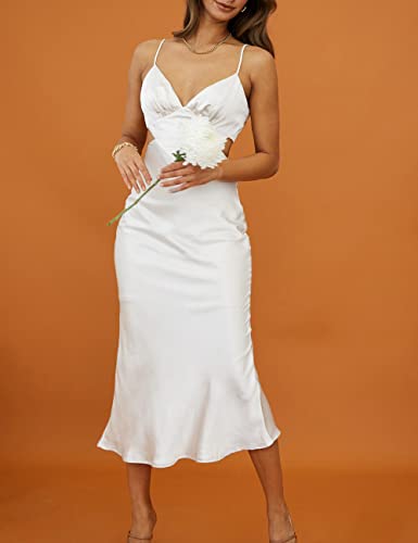 Image of Satin Slip Backless Midi Dress for Wedding Guest Silk V Neck Cut Out Tie Back Long Dresses for Women 2023 White