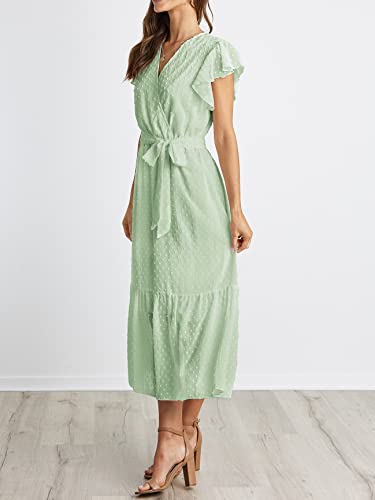 Image of BTFBM Women Summer Bohemian Floral Casual Wrap V Neck Ruffle Cap Sleeveless Belt A-Line Pleated Hem Midi Sun Dress White
