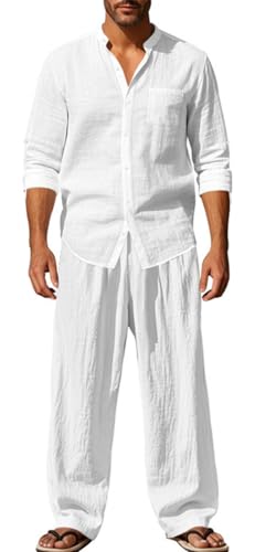 PADOLA Conjunto de Lino de 2 Piezas para Hombre Camisa y Pantalones de Verano Traje de Tiempo Libre Chándal Casual(L,Blanco)