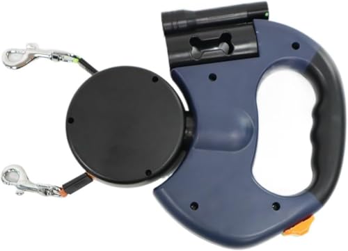 Ambety 2匹1匹兼用 犬リード 二頭引き 自動巻き 伸縮式 360°回転 ロック式 噛み切れ防止 LEDライト付き ゴミ袋付き 長さ3m 全種類犬使用 大・中・小型犬対応 調整可能 2匹自動 (ブルー)