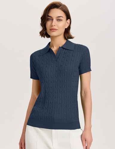 Image of Micoson Womens Short Sleeve Sweater Tops Lapel V Neck Polo Shirts 2026 Summer Cable Knit Loose Blouse Business Casual Outfits