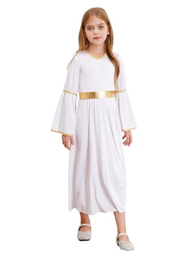 Moily Girls Halloween Angel Dress Long Sleeve Gold Trim Princess Goddesses Toga Gown Party Praise Dance Dress