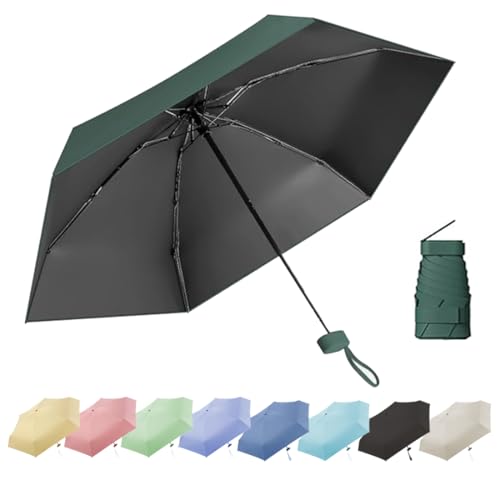 Reise-Regenschirm, Kleiner UV-Regenschirm, Mini Schirm, Tragbarer Taschenschirm, Ultraleicht, Sonnenschirm Tragbar, Regen- und Windschutz, täglich tragbar, für alle Menschen geeignet, Dunkelgrün