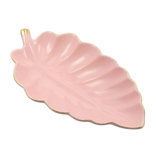 BESTonZON Plateau de Rangement en Céramique Forme Feuille Nordique Bord Doré Coupelle à Bijoux Rose Porte-Bagues et Porte-Boucles D’Oreilles pour Décoration Intérieure et Vide-Poches