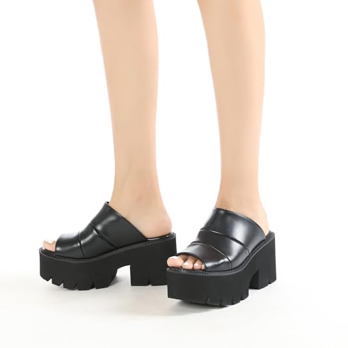 Women'S Black Leather Platform Chunky Heel Goth Slides Sandals Fashion Fish Mouth Comfort Slip On Anti-Slip Lug Sole Block Heeled Y2k Punk Slippers For Party Wedding Prom Evenin4