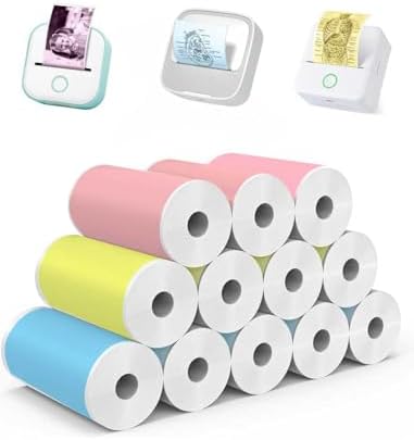12 Rolls Mini Thermal Printer Sticker Paper Self-Adhesive, Notebuddy Mini Printer Sticker Maker Paper for Kids Instant Camera Refill and Study Notes, Photo, DIY, Scrapbooking 57x25mm, Colorful