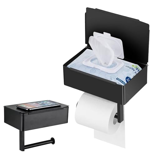 Portarrollos Papel Higienico Adhesivo con Caja para Toallitas, Porta Rollos de Papel Higienico de Pared Sin Taladro en Acero Inoxidable, Negro Organizador para Baño con Estante y Almacenamiento Oculto