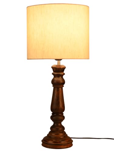 Image of Green Girgit Classic Wooden Lamp in Walnut Brown Color with Jute White Shade, Farmhouse Table Lamp with Wooden Base, Cream Fabric Shade, Traditional Style (LED Bulb Included)