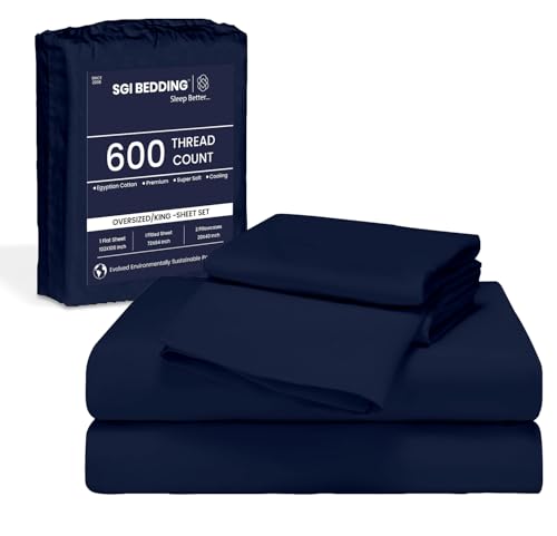 Image of SGI bedding 144 inch W x 84 inch L 4Pc Family XL Sheet Set 100% Egyptian Cotton - 600 Thread Count, Fits 15 inch Deep Pocket - Soft Breathable Oversized Sheets, for Extra Large Beds - Navy Blue