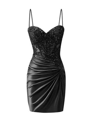 Short Satin Homecoming Dresses Spaghetti Straps Corset Prom Dress Sequin Appliques Cocktail Gowns