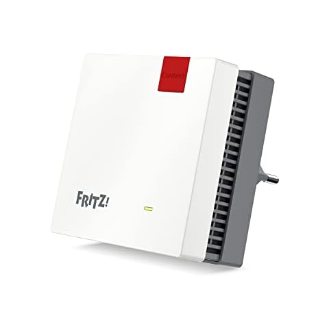 AVM FRITZ!Repeater 1200 AX (Wi-Fi 6 Repeater) ausgestattet mit zwei Funkeinheiten: 5-GHz-Band (bis 2.400 Mbit/s), 2,4-GHz-Band (bis 600 Mbit/s), deutschsprachige Version), Weiss Cover