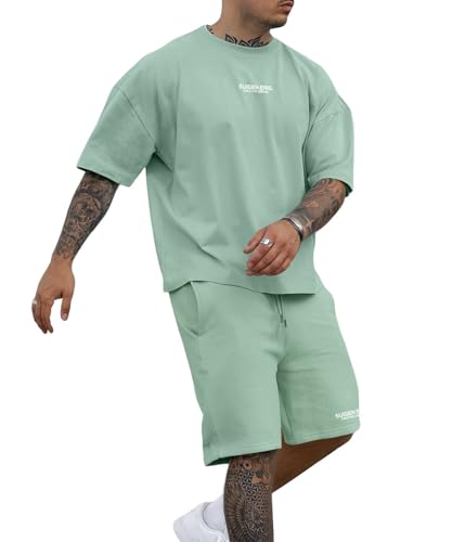 Epoleatries Men 2 Piece Tracksuit Set Letter Graphic Drop Shoulder Sleeve T Shirt Shorts Set Athletic Jogging Outfits Light Green M