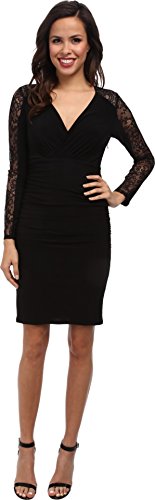 laundry BY SHELLI SEGAL Women's Lace Sleeve V-Neck Shirred Dress, Black, 8