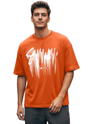 Image of LEOTUDE Oversized Full Sleeve Cottonblend Graphic Printed Round Neck Drop Shoulder Tshirt for Man (Color Mustard)